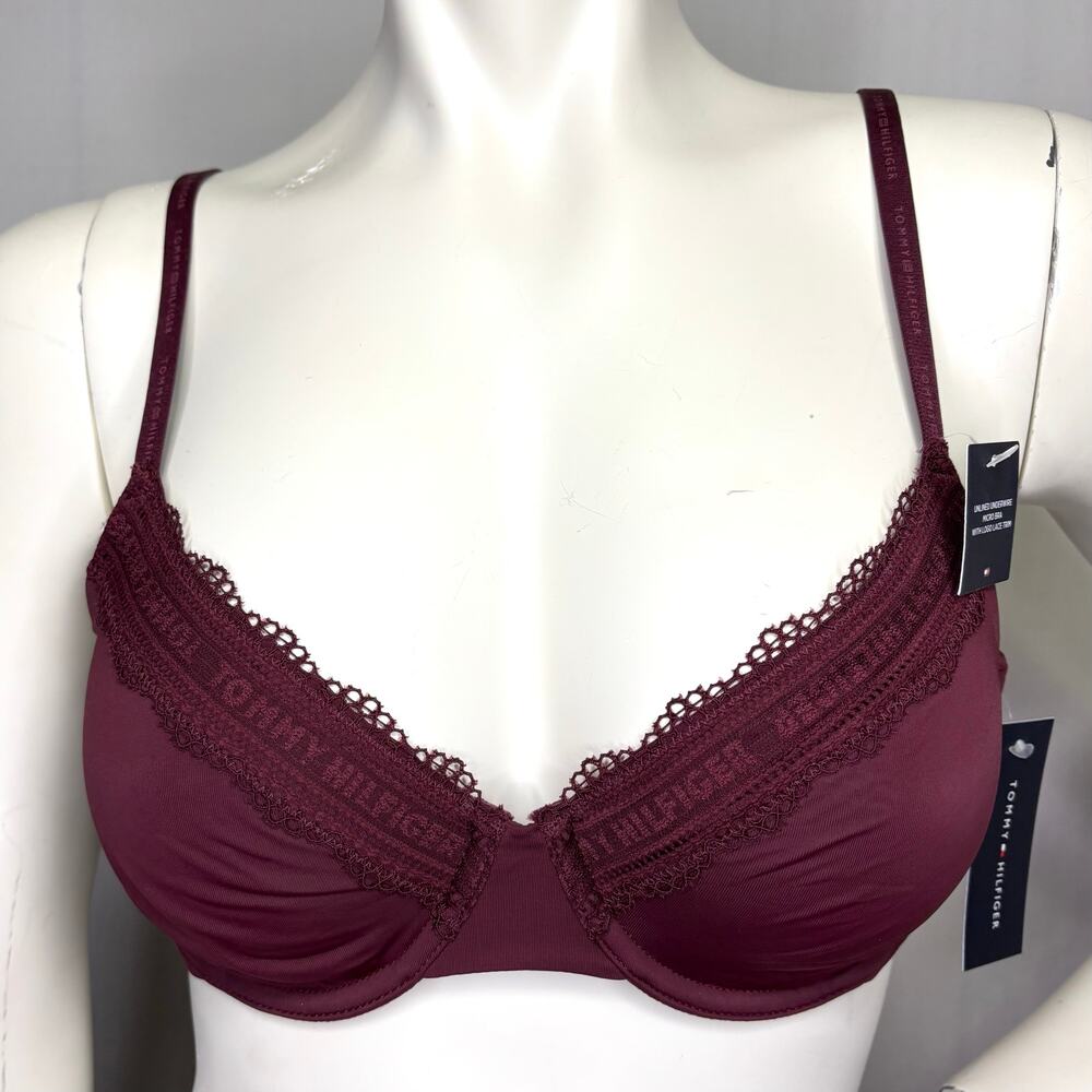 Tommy Hilfiger Underwire T-Shirt Bra 36B Windsor Wine Burgundy Lace Trim Unlined